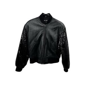Luis Alvear Genuine Leather Black Bomber Jacket Coat Sequin Arms Size Medium VTG